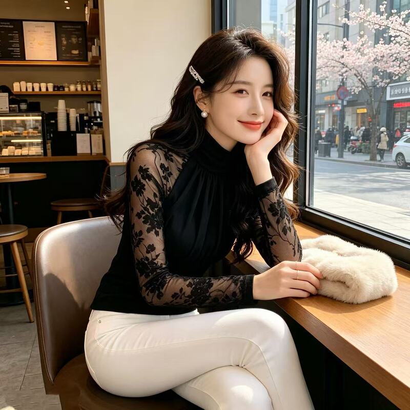 Spring and autumn thin high-necked flocked mesh long-sleeved T-shirt for women, with a fitted waist, lace detailing, and a slim silhouette, perfect as an inner layer under a trench coat or cardigan