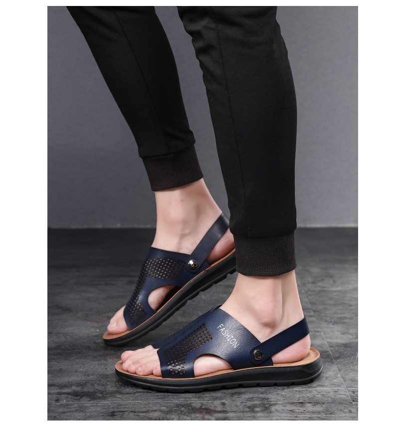 Dép sandal nam cỡ lớn hở ngón da PU chống trơn trượt, thoáng khí đi biển — Nâu Đen, Xanh lam đậm, Xám đậm, Đỏ rượu chi tiết 15