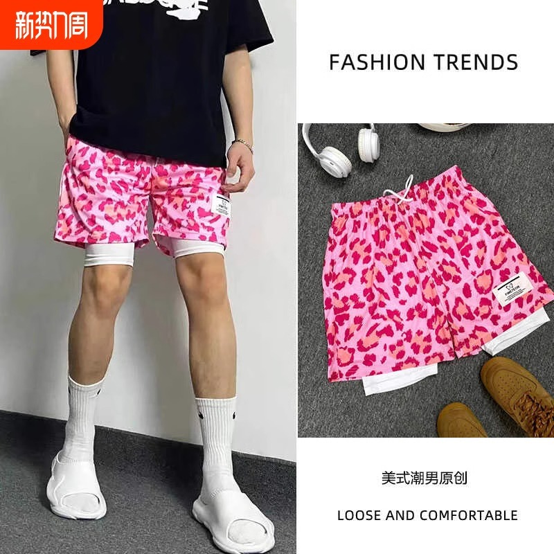 Summer new leopard print shorts men's fake two-piece basketball pants quick-drying summer breathable quarterpants foreign trade cross-border wholesale