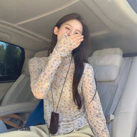 修身长袖t恤女春季薄款木耳边半高领碎花打底衫网纱叠穿内搭上衣