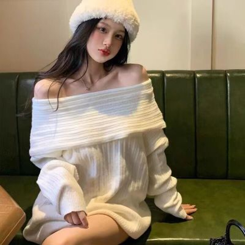 Lazy Style Off-shoulder Sweater Knitted Sweater Women's Autumn And Winter Design Sense Mid-length Loose All-match Outer Wearing Long-sleeved Top