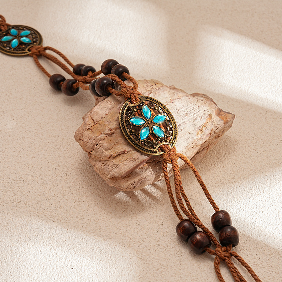 Estilo étnico retro, diamante, cuerda de cáñamo, cuentas de madera, cadena de cintura tejida redonda, personalidad, temperamento de nicho, cinturón de alta gama, mujer