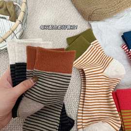 撞色袜子女堆堆袜女中筒条纹袜秋冬美拉德ins潮流运动休闲袜ins风