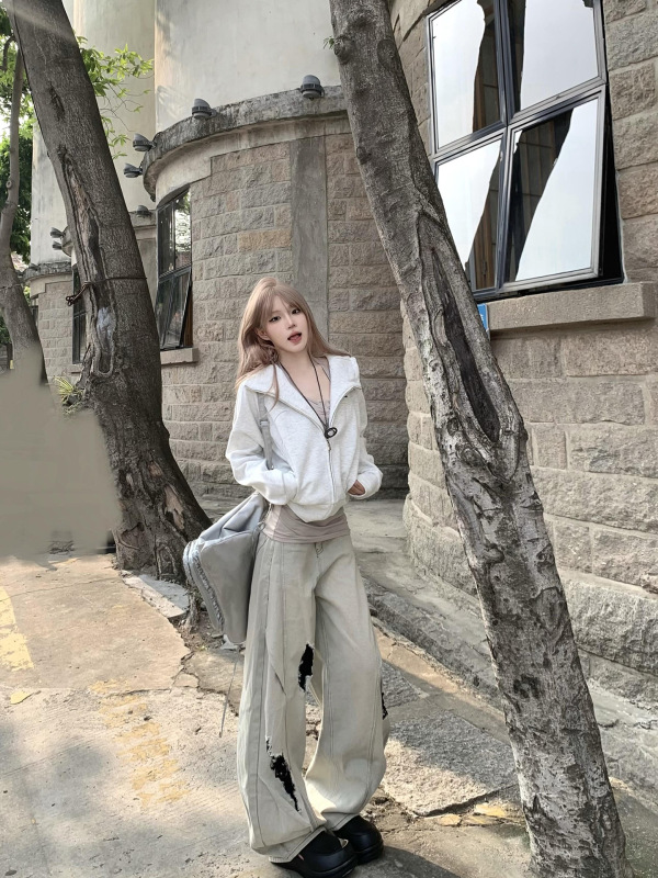 白灰色短款卫衣外套2025早秋新款连帽开衫美式辣妹运动休闲上衣|undefined