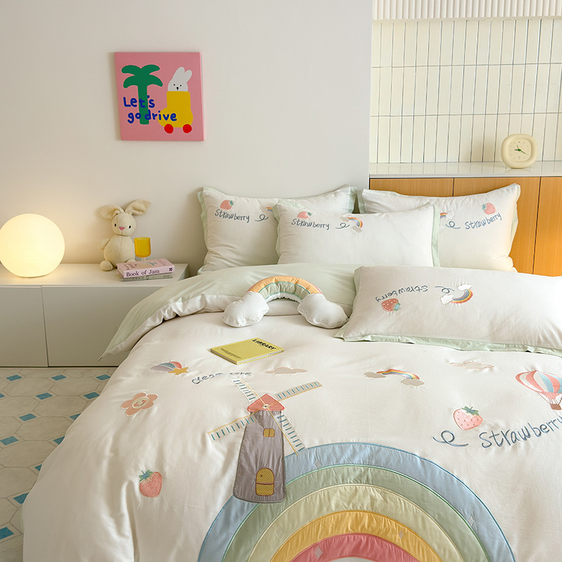 De gama alta lindo 100 de algodón puro niñas de cuatro piezas de dormitorio de estudiantes hoja de cama cubierta del edredón suave transpirable de algodón puro conjunto de tres piezas