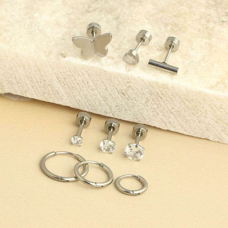 Amazon Hot Sale Stainless Steel Ear Studs Bone Nails Barbell Wafer Earrings Combination Set Body Piercing Jewelry detail image 8