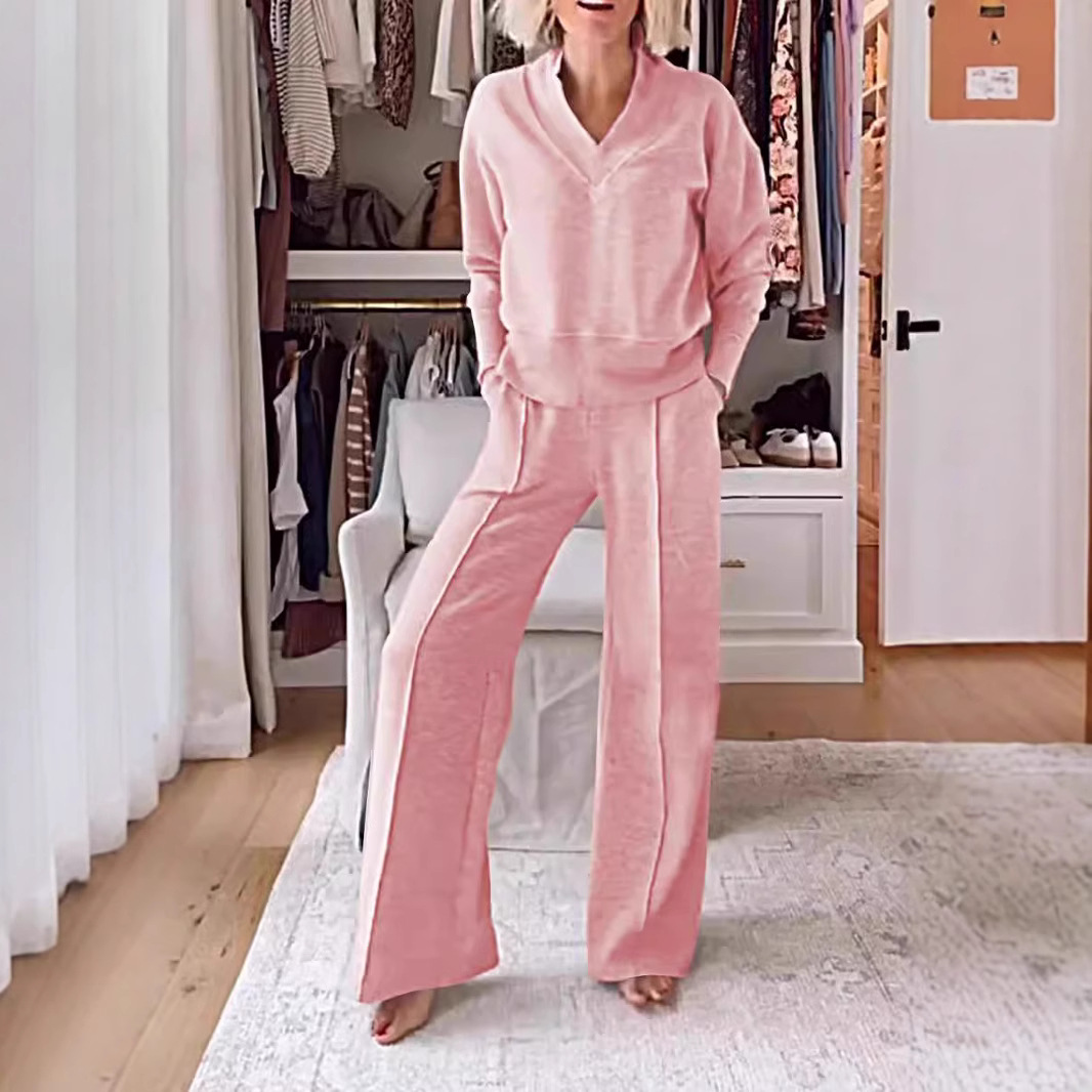 Dames tweedelige set in effen kleur, casual, met lange mouwen, comfortabel, geschikt voor thuis, veelzijdig, herfst, Europees-Amerikaanse stijl_voghion.com
