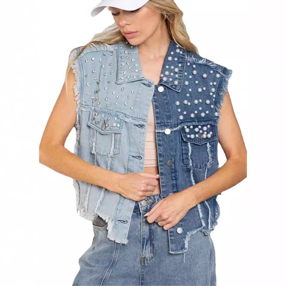 Chaleco de mezclilla 23 años europeo y americano transfronterizo comercio exterior de Amazon empalme cuentas suelta mujer chaqueta de mezclilla corta 3285 image 5