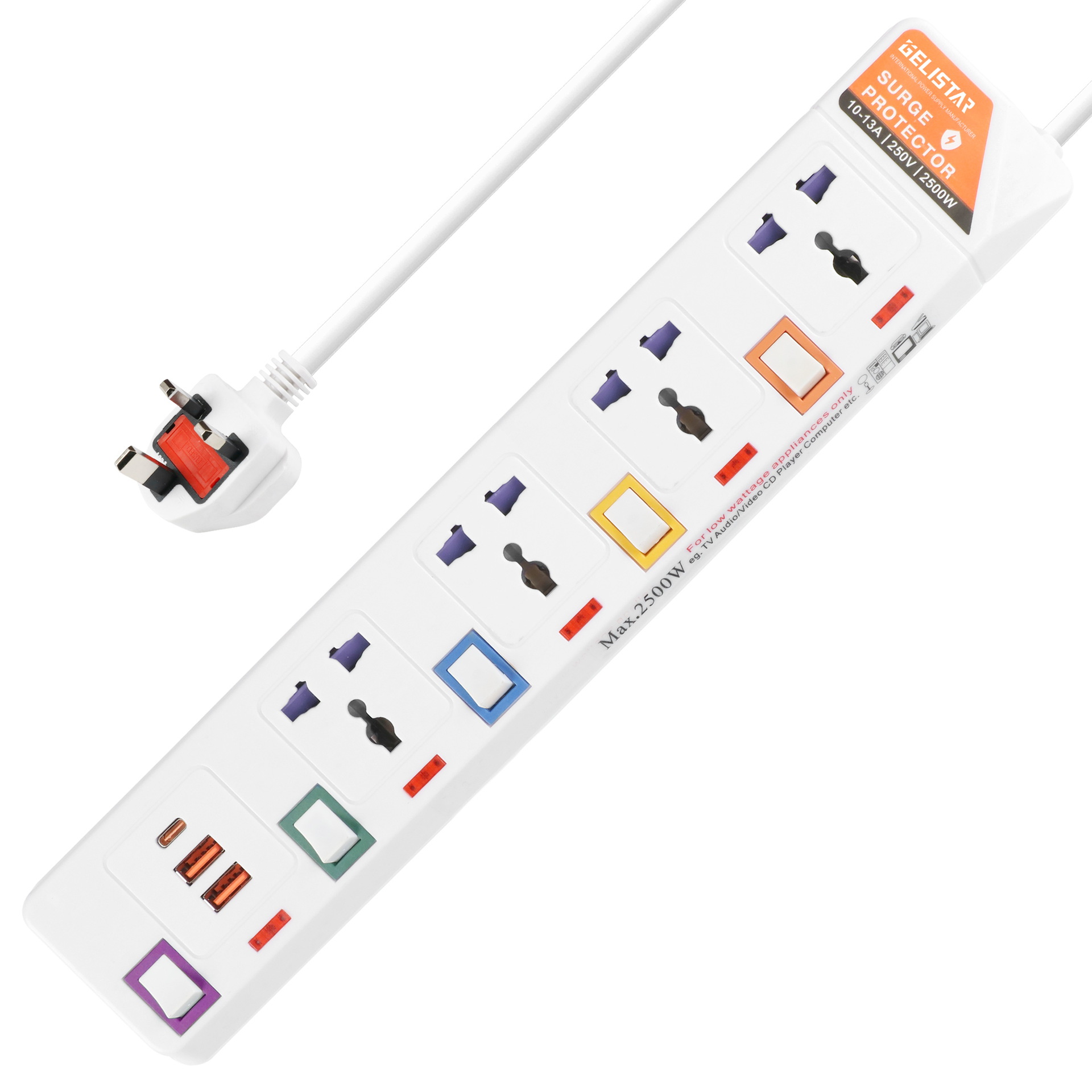 非洲热销4孔扩展插座带2个USB1TypeC独立开关插座