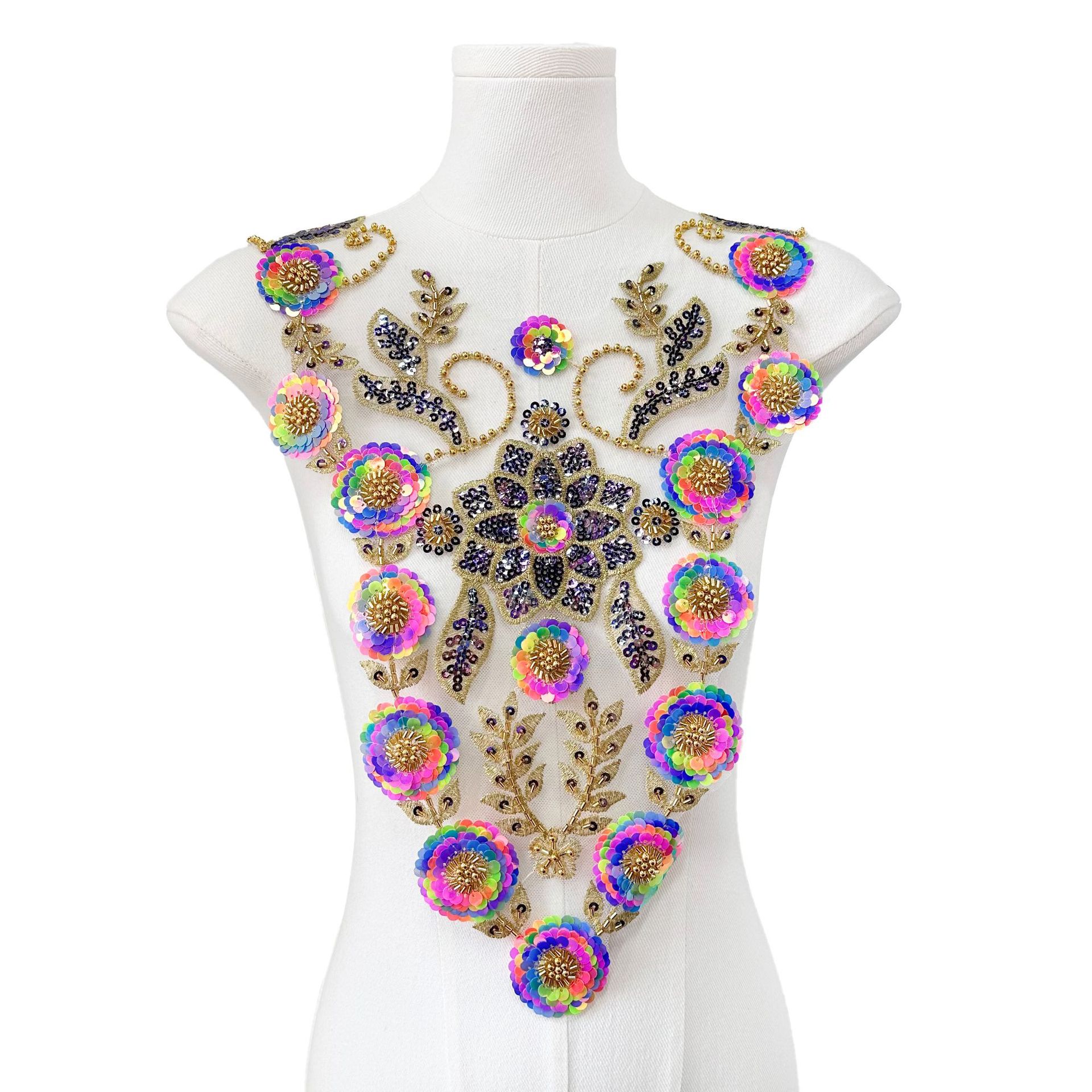 industria pesada multicolor sequinilla floral tridimensional bordado encaje dorado + encaje colorido decoración de vestido image 7