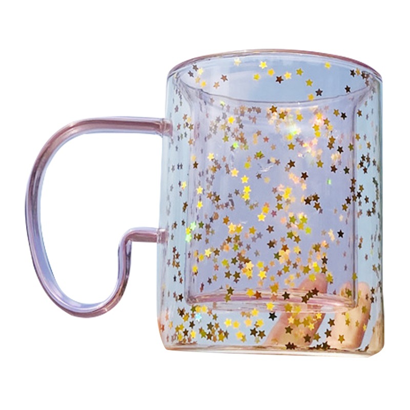 Korean ins Girl Heart Kawaii Bubble Star Sky Cup Star Sequin Double Wall Glass Coffee Cup Handle Heat Resistant Milk Cup_voghion.com