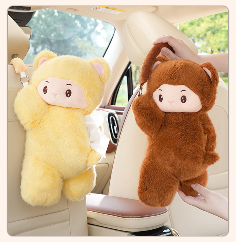 Plush cartoon monkey car tissue box, hanging tissue holder, car tissue bag, dual-purpose tissue box for home and car