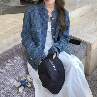 高级感外套女款2026秋季新款小香风巨好看的蓝色休闲美式上衣女装