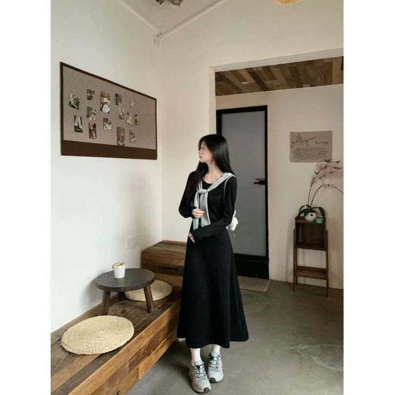 法式气质连帽披肩假两件连衣裙女秋季2025新款收腰显瘦撞色中长裙|undefined