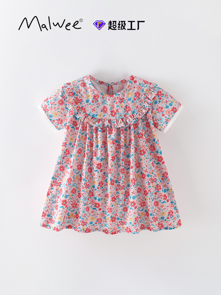 Malwee transfronterizo vestido de princesa de niñas verano nuevo cuello redondo mangas cortas Europa y América falda de niños vestidos de niños