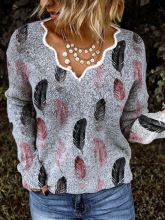 9247#欧美跨境亚马逊wish外贸女装时尚绣花V领印花宽松长袖毛衣