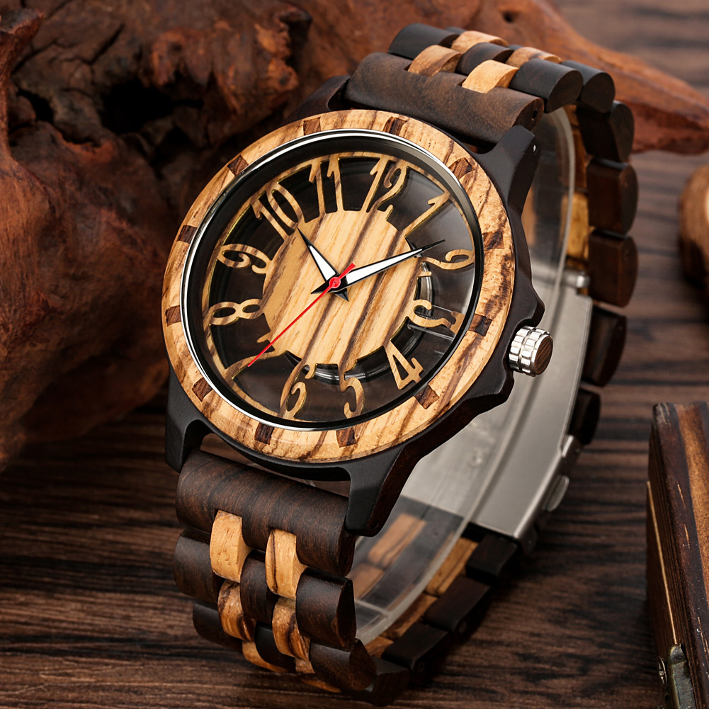 Amazon's Best-Selling Fashionable Colorful Bamboo Hollow Wooden Watch, Factory Direct Sales Cross-Border Men's Quartz Wooden Wristwatch