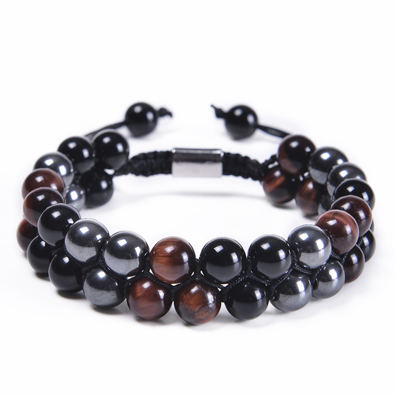 Amazon Venta caliente 8mm Tigre ojo Piedra Negro imán pulsera doble capa tejida Piedra Natural yoga pulsera de cuentas para hombres