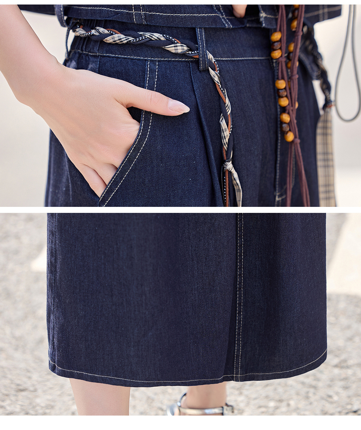 Bộ váy denim ba mảnh gồm áo khoác vest không tay, áo hai dây và chân váy midi — Màu ảnh chi tiết 23
