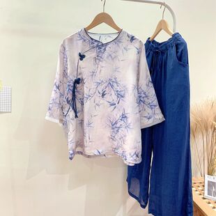 100-Count Ramie Top with Bamboo Leaf Print, Round Neck, Loose Fit, New Chinese Style, Asymmetrical Placket Shirt with Button Closure, Zen Tea Wear for Women