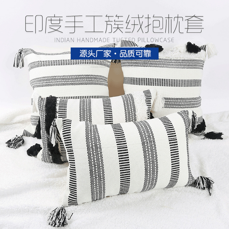 Ethnic style cushion velvet embroidered hanging ear gray white cotton pillowcase wholesale pillow hotel decoration sofa back cover