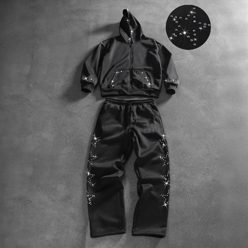 Autumn and Winter High Street Punk Ins Style Gothic Trendy Retro Unisex Rhinestone Design Crop Hoodie and Pants Set