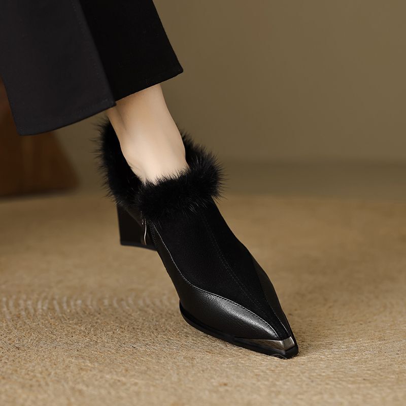2026 Autumn and Winter New Style Mink Fur Thick-Heeled Soft-Soled Fleece-Lined Deep-Cut Pointed-Toe High-Heeled Versatile Warm Women's Ankle Boots
