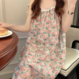 2023 夏女ins性感玫瑰花吊带裙甜美可爱花边家居服长裙睡裙