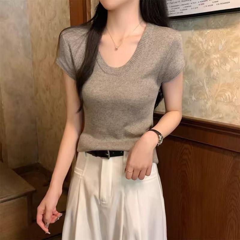 2025夏季新款纯欲风U领时尚设计感毛针织衫修身显瘦百搭女装上衣|undefined