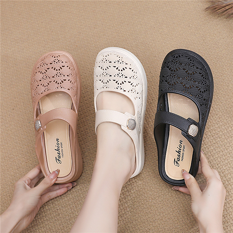 New Thick-Soled Non-Slip Slippers for Middle-Aged Moms, Faux Leather Mid-Heel Clogs for Outdoor Wear, Women's Home Slippers