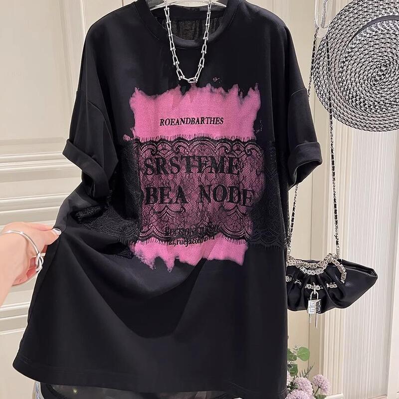 Super plus size 1.00 kg-150.00 kg chubby girl Summer European Station Casual Fashion Lace Stitching Long T-Shirt dress Women