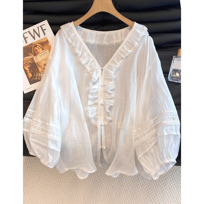White Pleated Lace Stitching V Neck Single-Breasted Shirt for Women 2025 Summer New Work Clothing Versatile Loose Top