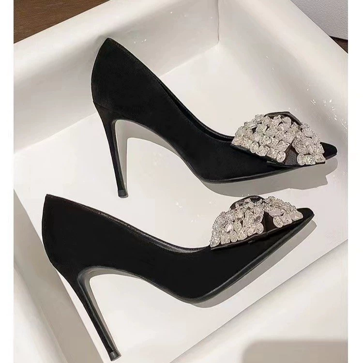 2024 новые черные туфли на высоком каблуке женский каблук со стразами