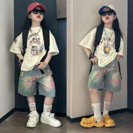 新款2025夏季女童中大童卡通时尚洋气百搭有型牛仔夏日半袖套装棉