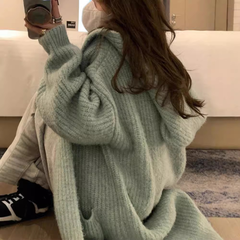 慵懒风连帽宽松加厚中长款大开衫感外套纯色毛衣女秋冬针织衫