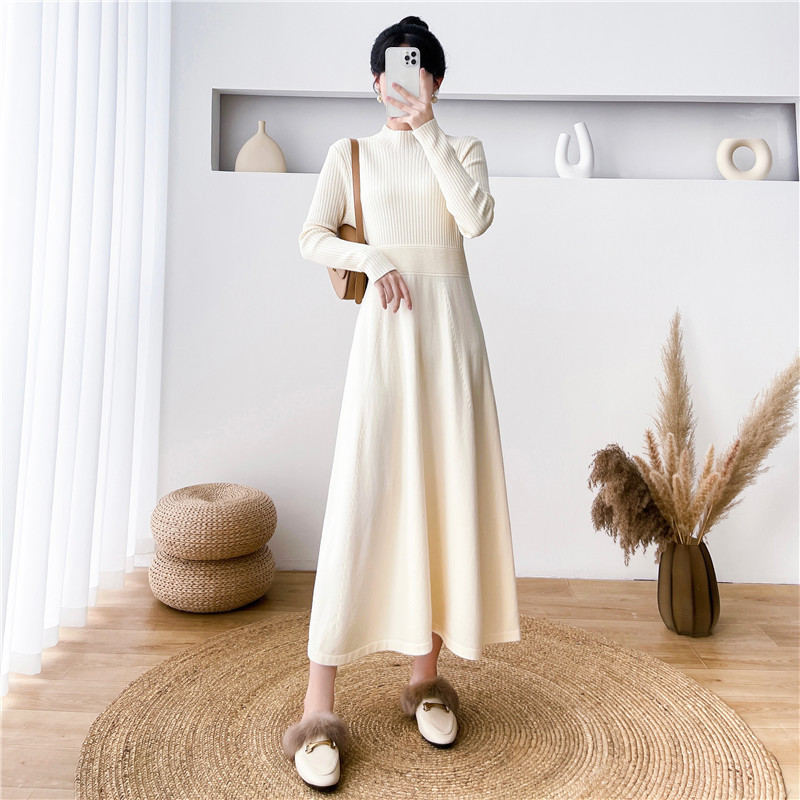 韩版秋冬新款慵懒风打底针织连衣裙女宽松长款套头纯色毛衣裙外搭