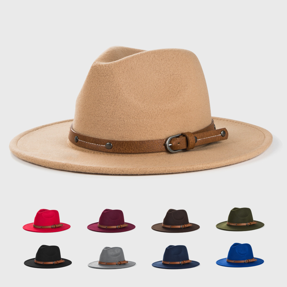3780g Weight Fedora Hat Hats Type Outdoor Occasion Woolen Material Solid Color Pattern Autumn&Winter Season Unisex Gender Basic Style Army Green, Royal Blue, Navy Blue, Grey, Red, Wine Red, Camel, Black Color Big Eaves Rim Retro Woolen Hats For Men And Women Belt Metal Buckle Felt Hat Simple Big Brim Jazz Hat 2
