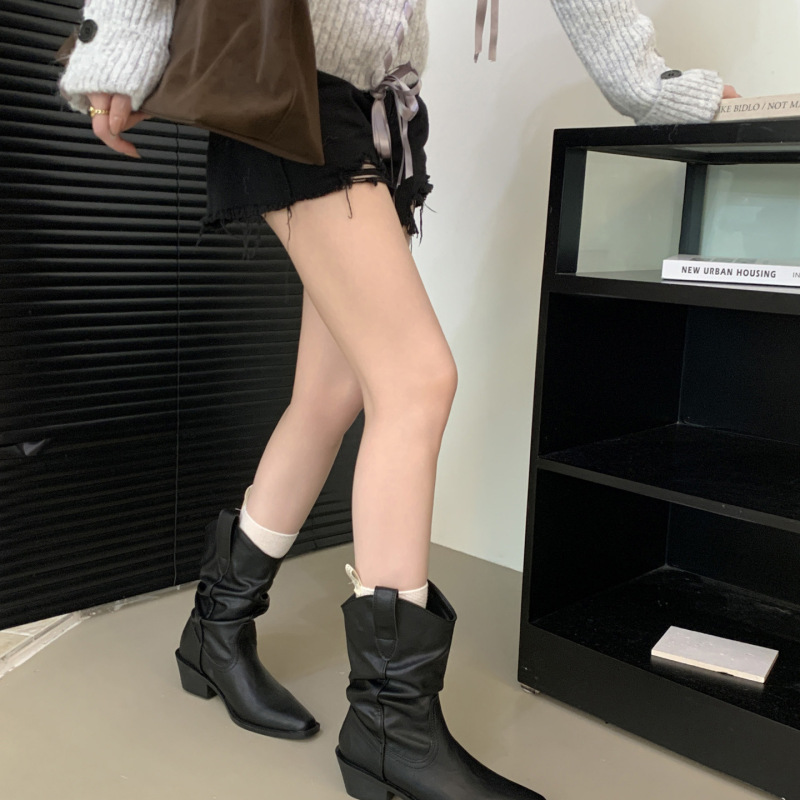 2025新款尖头切尔西靴显瘦粗跟短靴女英伦风堆堆靴骑士靴|undefined