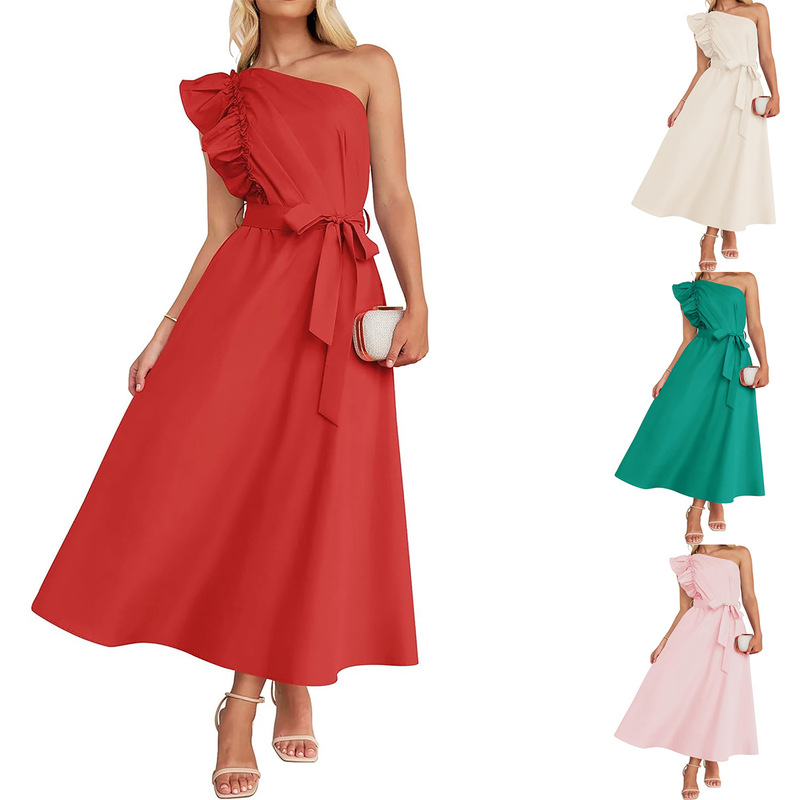 European and American Amazon Women's Long Skirt Dress 2025 New Slanted Shoulder Fungus Belt Dress Bridesmaid Toast Dress