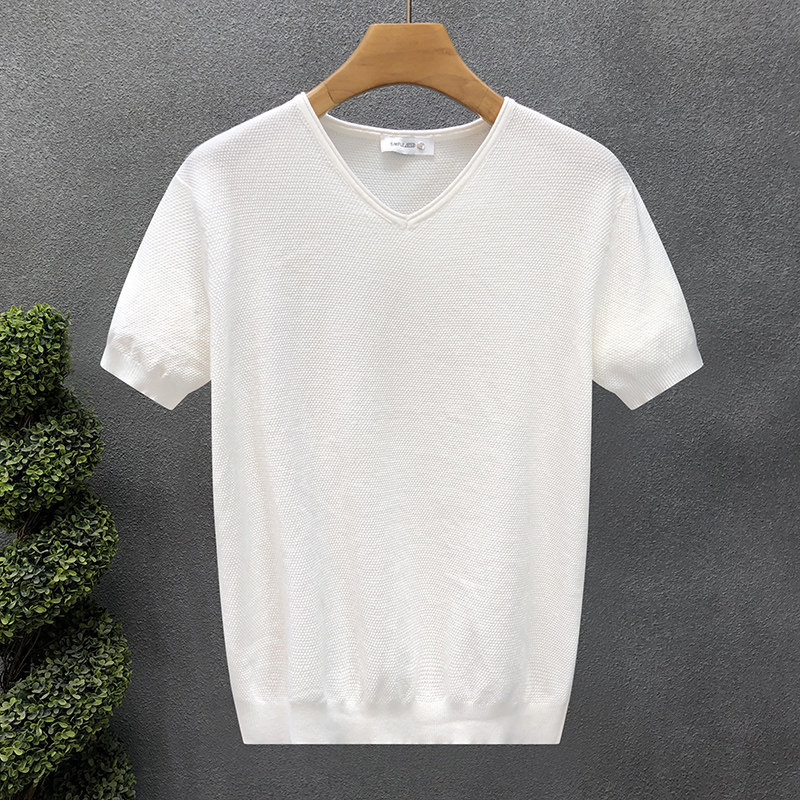 Camiseta de punto de manga corta camiseta de hombre elástica apretada cuello V de pollo cuello de corazón de hielo verano fábrica transfronteriza al por mayor sensación de hielo frío