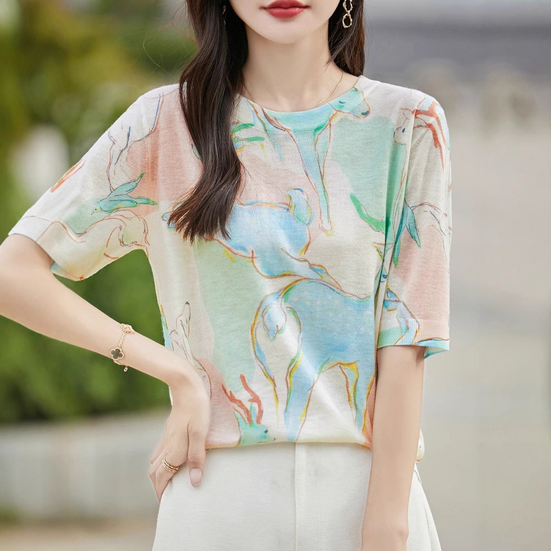 2026 Summer New Style Tencel Lyocell Round Neck Knitwear Short-Sleeved T-Shirt Printed Loose and Versatile Top for Women