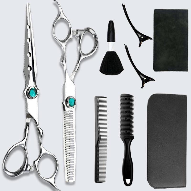 Tijeras de peluquería directa de fábrica Tijeras de dientes planos de acero inoxidable de 6 pulgadas 11 tijeras traje estilista tijeras de peluquería profesional