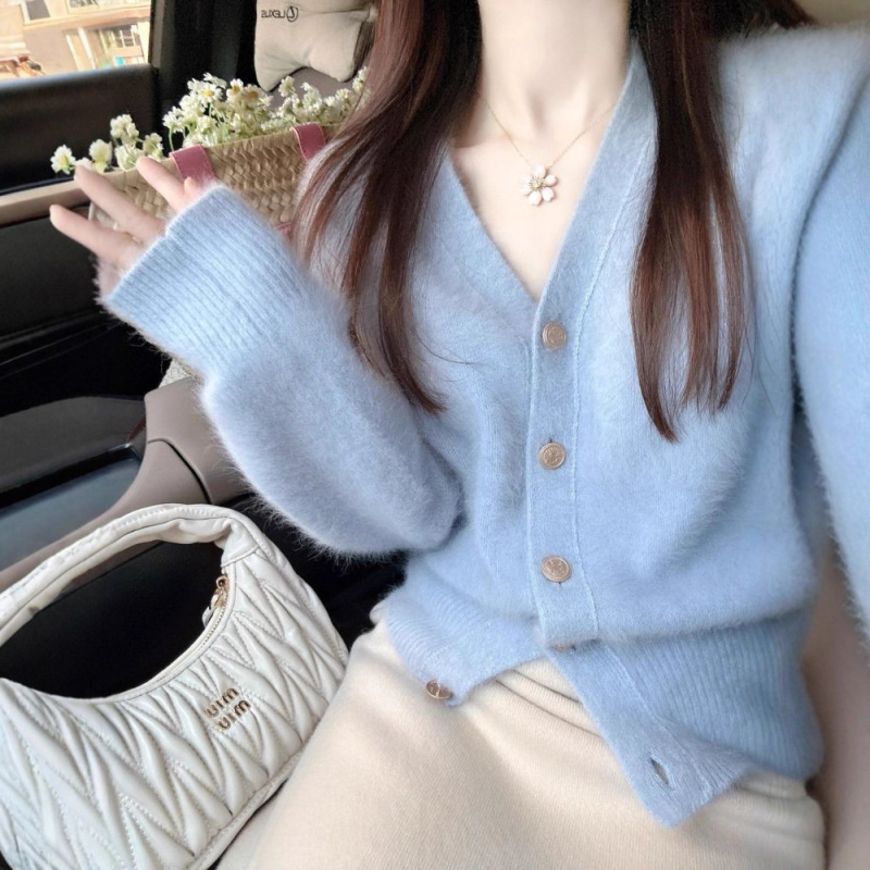 休闲百搭宽松法式复古奶蓝色V领毛衣女秋冬开衫外套新款上衣|undefined