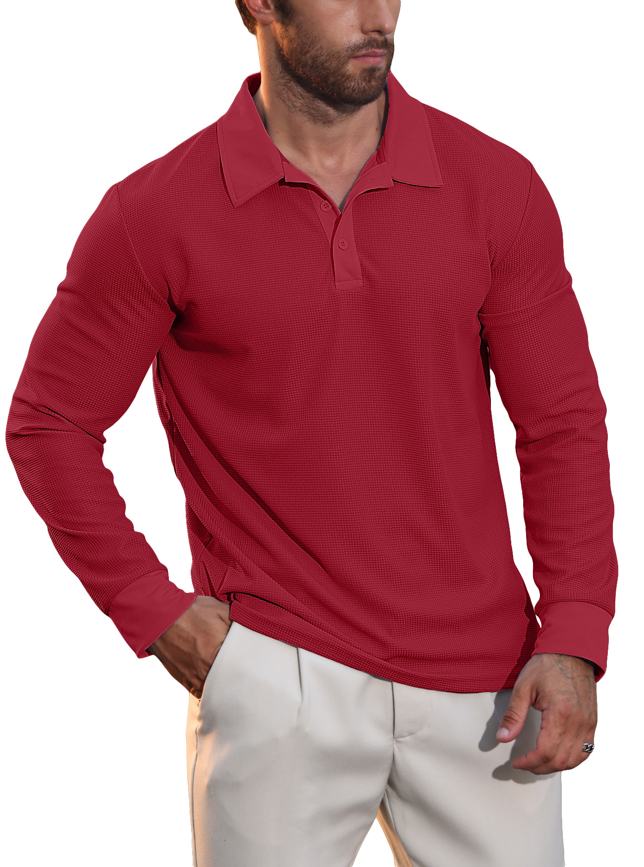 Nuevo otoño transfronterizo europeo y americano nuevo hombre waffle polo camiseta de manga larga de vacaciones casuales americanas