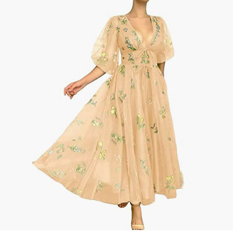 Comercio exterior europeo y americano Amazon AliExpress deseo estación independiente verde bordado encaje de media longitud vestido de bola profundo cuello en V