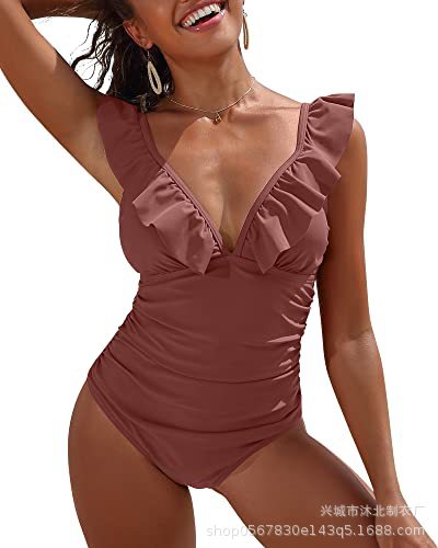 2024 Amazon nuevo traje de baño de una pieza plisado para mujer traje de baño plisado con cuello en V image 16