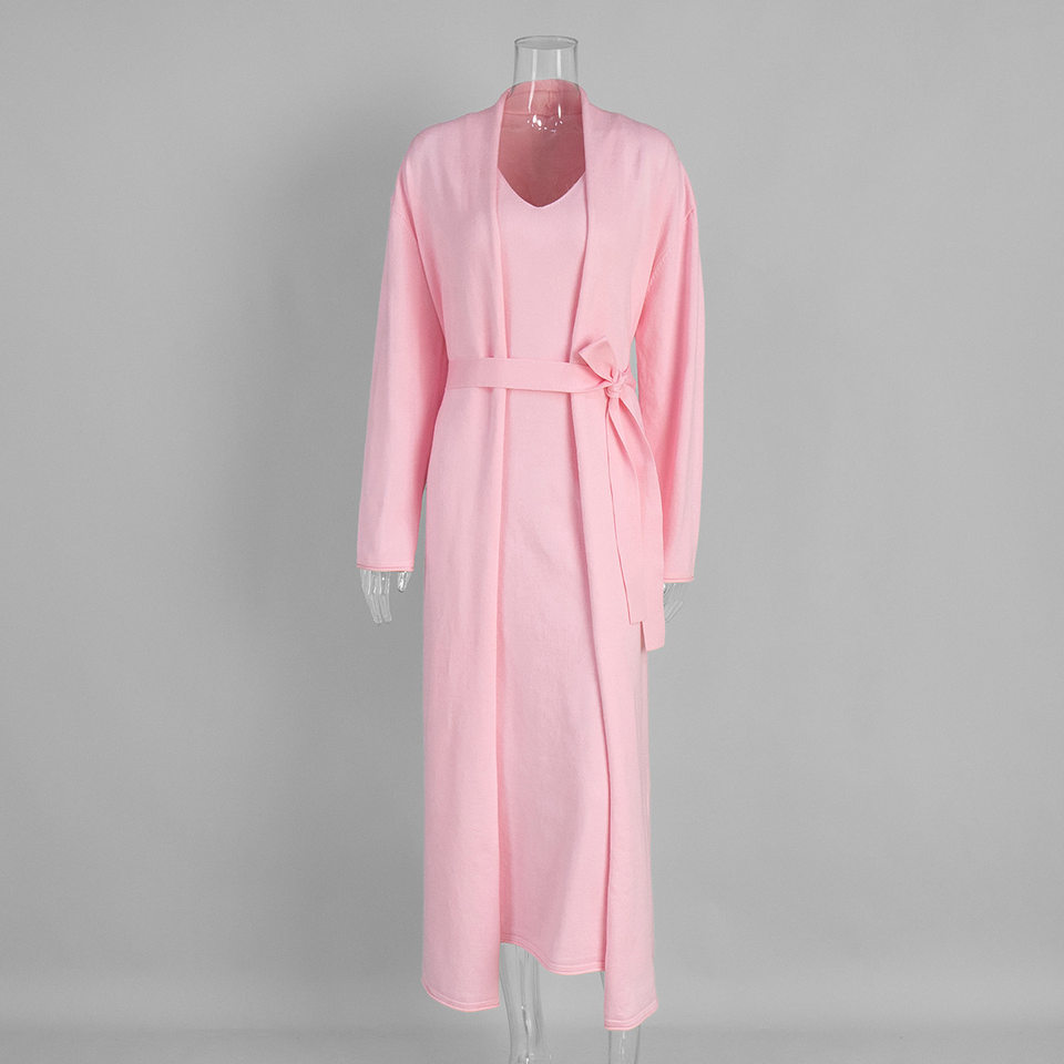 Bộ đầm dài kèm áo cardigan dệt kim dài tay nữ — Màu cà phê đậm, Màu hồng, Màu trắng, Màu xám chi tiết 10