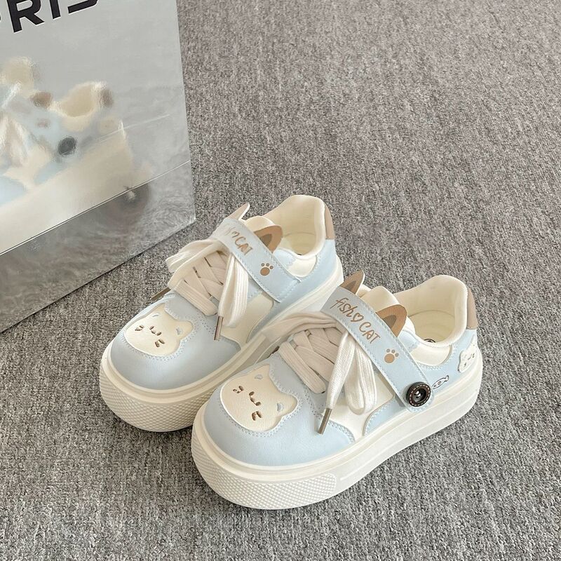 Cute Cartoon Cat Thick-Soled White Shoes for Women, Chic Niche Bread Shoes, Korean Style Campus Casual Sports Sneakers
