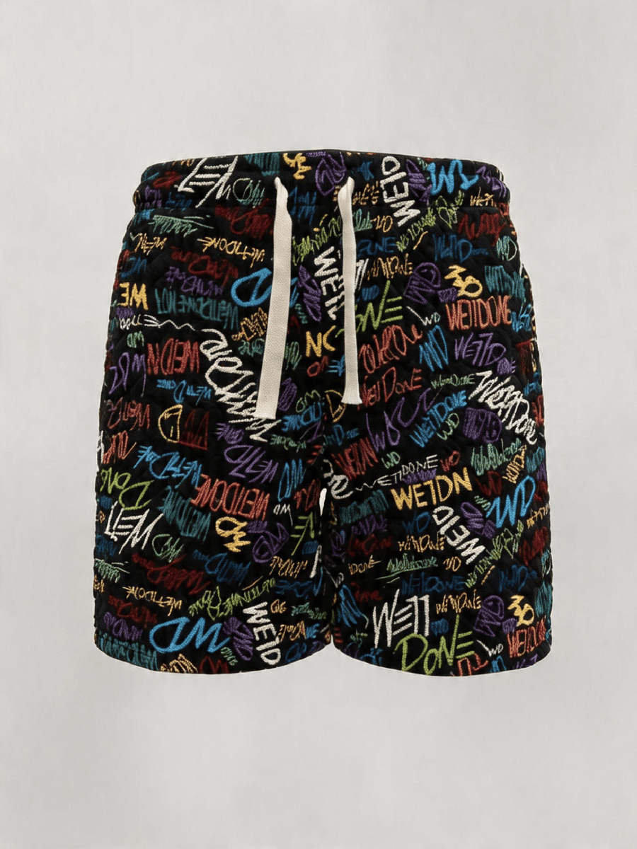 Retro Full Print Graffiti Lettering Men's Summer Shorts, High Street Loose Fit Straight Leg 5-Point Shorts_viptrois.com