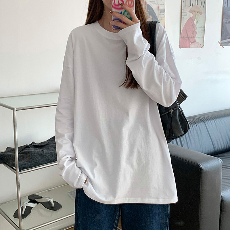 White Long-sleeved T-shirt Women's Early Spring Simple Loose Pure Cotton Base Shirt Spring and Autumn Stacked Solid Color T-shirt Top